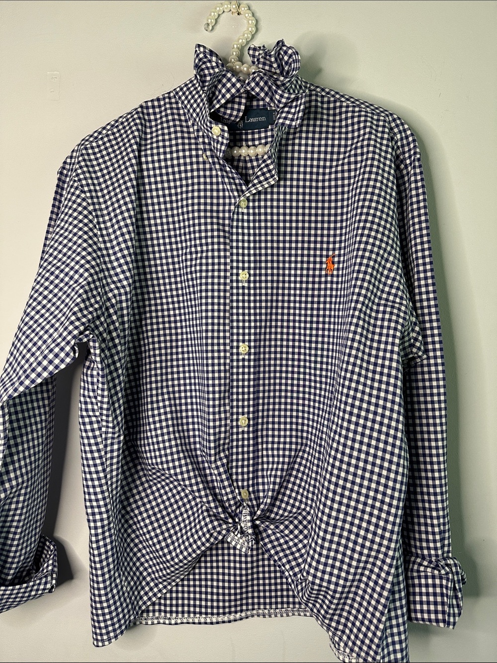 Ralph Lauren Navy & White Gingham Ruffled collar Shirt with Orange Pony